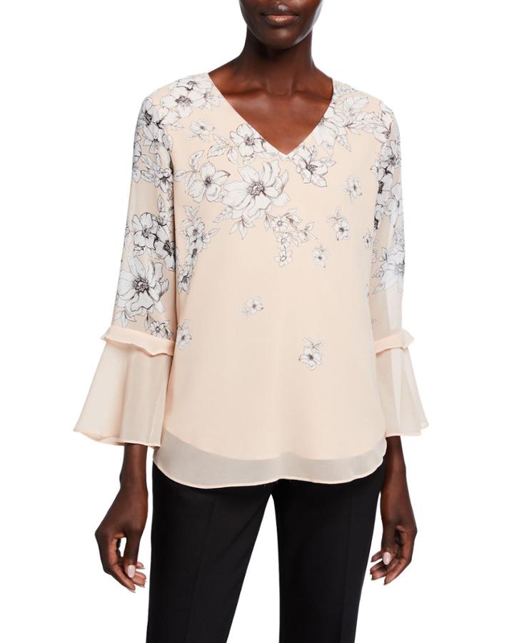 Printed V-neck Top With Ruffle