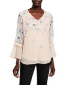 Printed V-neck Top With Ruffle