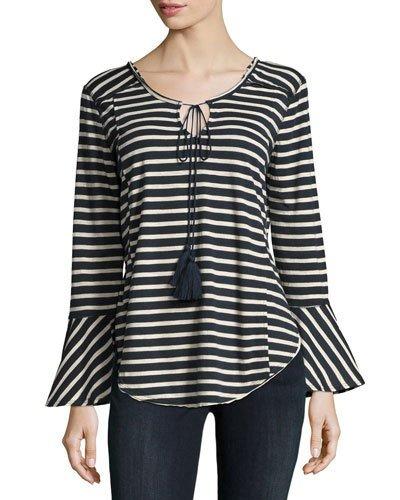 Striped Front-tie Bell-sleeve Knit Top