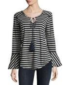 Striped Front-tie Bell-sleeve Knit Top