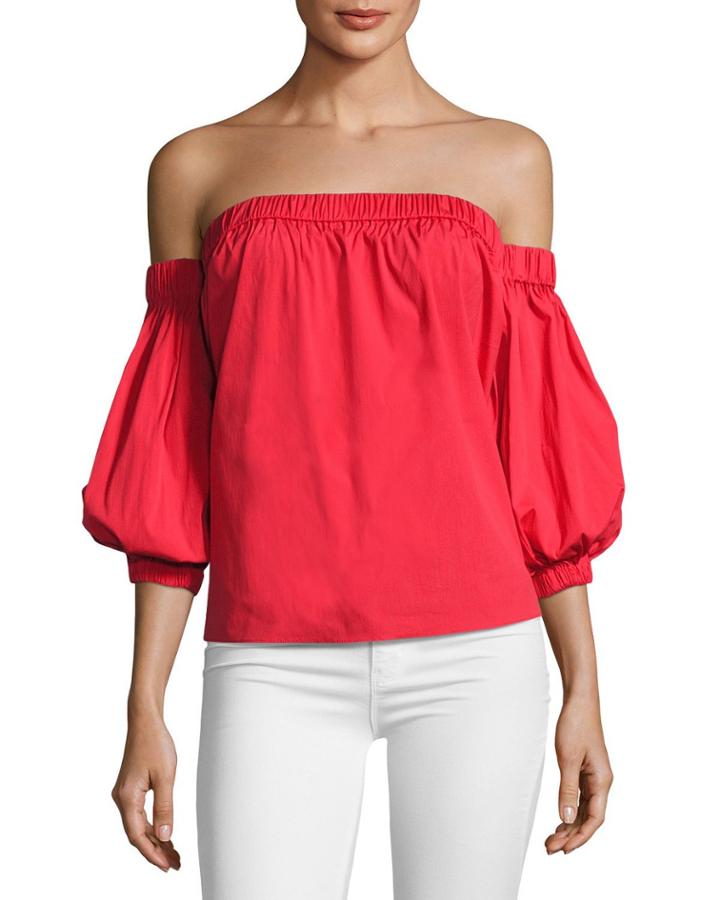 Off-the-shoulder Cotton Poplin Blouse, Red