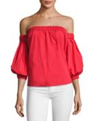 Off-the-shoulder Cotton Poplin Blouse, Red