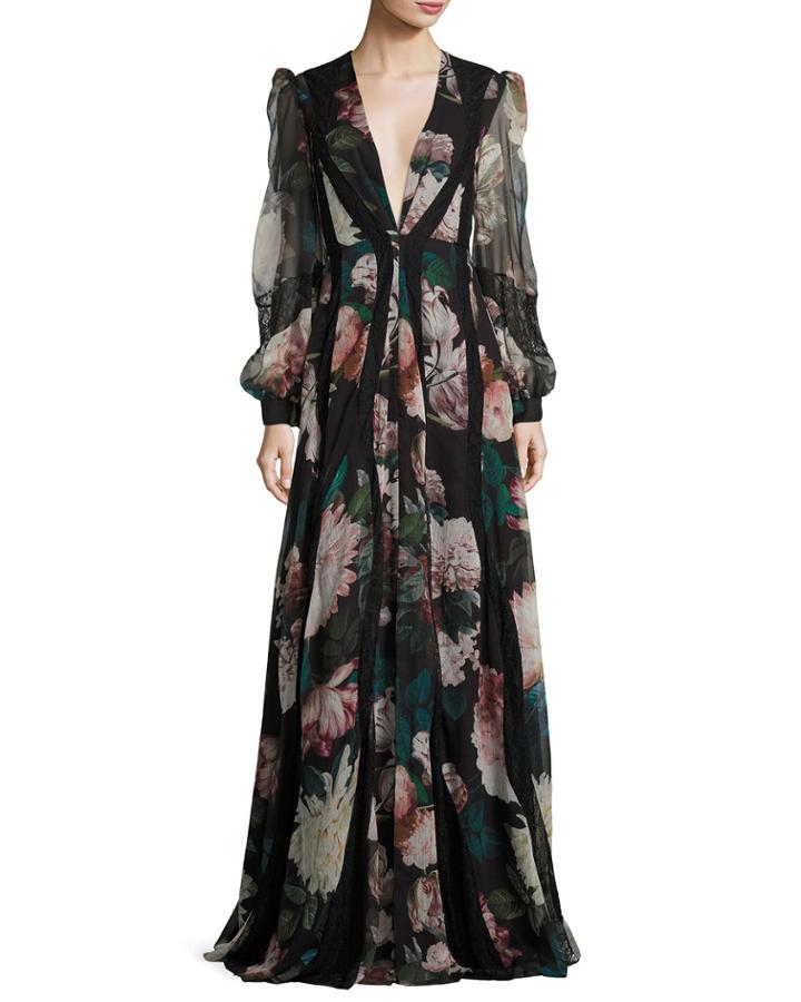 Mumbai Plunging Long-sleeve Printed Evening Gown W/