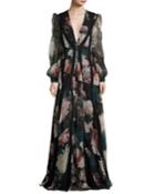 Mumbai Plunging Long-sleeve Printed Evening Gown W/