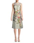 Floral Jacquard Sleeveless Dress W/ Illusion Neck
