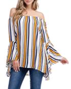 Striped Off-the-shoulder Ruffle-sleeve Top