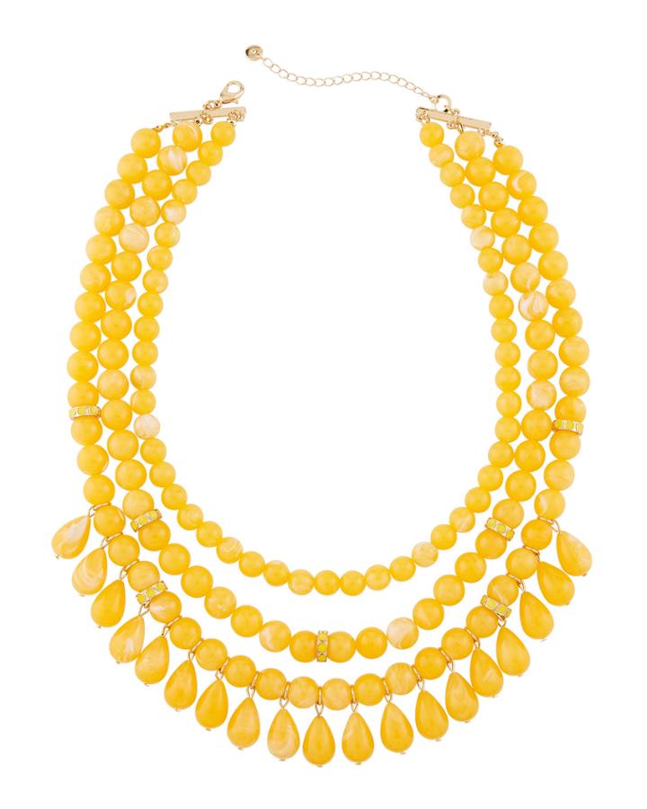 Multi-row Beaded Statement Necklace W/ Dangles, Yellow