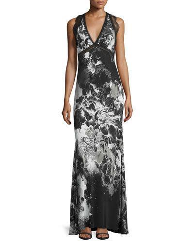 Sleeveless Kimono-floral Gown, Black/white