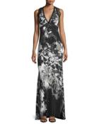 Sleeveless Kimono-floral Gown, Black/white