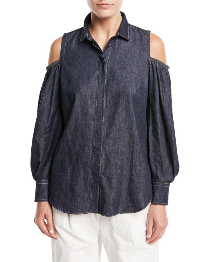 Button-front Cold-shoulder Denim Blouse