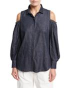 Button-front Cold-shoulder Denim Blouse