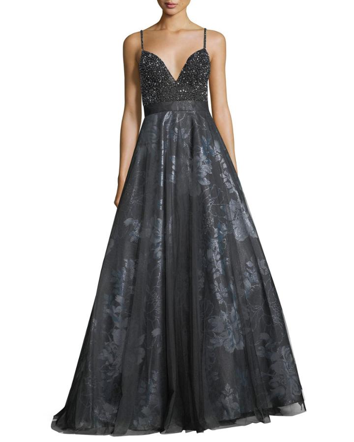 Beaded Slip Top Metallic Floral Evening Ball Gown