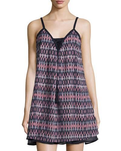 Printed V-neck Sleeveless Dress, Navy/pink