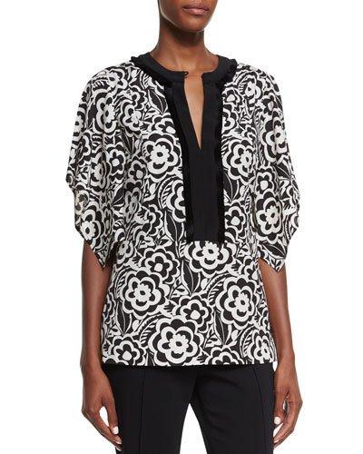 Split-neck Kimono-sleeve Blouse, Black/white