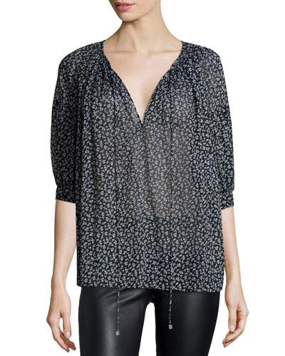 Half-sleeve Floral-print Blouse, Black/white