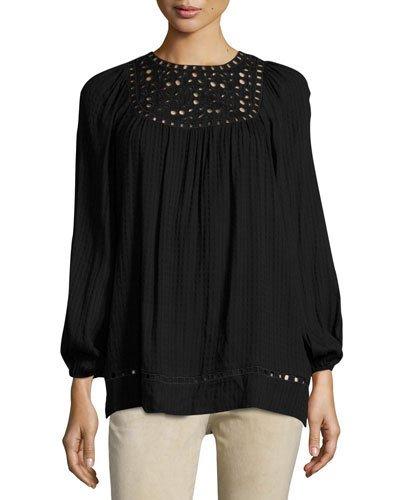 Long-sleeve Embroidered-cut Top, Black