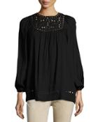 Long-sleeve Embroidered-cut Top, Black