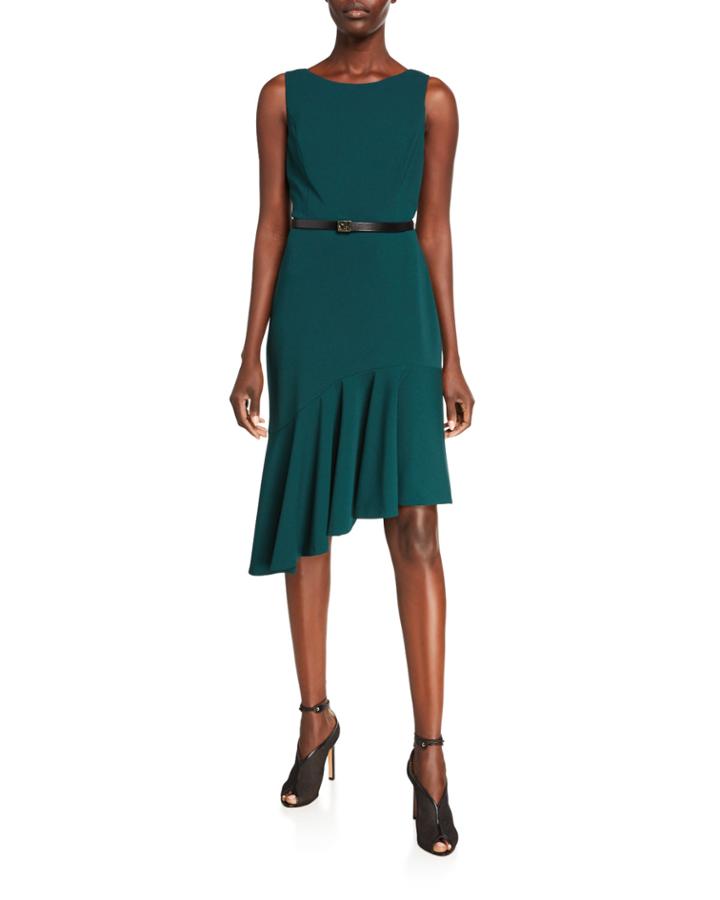 Short-sleeve Belted Asymmetric-hem Dress