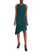 Short-sleeve Belted Asymmetric-hem Dress