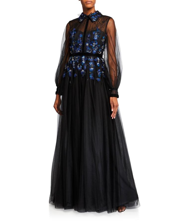 Sheer-sleeve Embellished Tulle