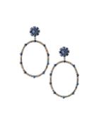 Silver Thin Oval Drop Earrings With Blue Sapphire & Diamonds