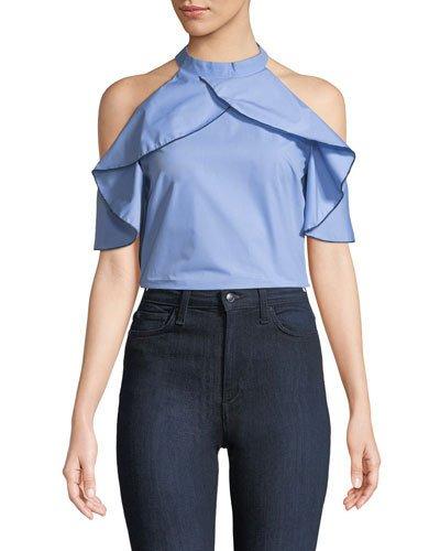 Ruffled Halter-neck Cold-shoulder Blouse