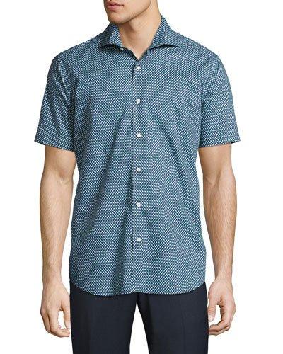Geo-print Short-sleeve Sport Shirt, Green/navy