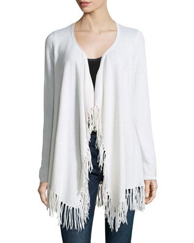 Cashmere Fringed-trim Open-front Cardigan, White