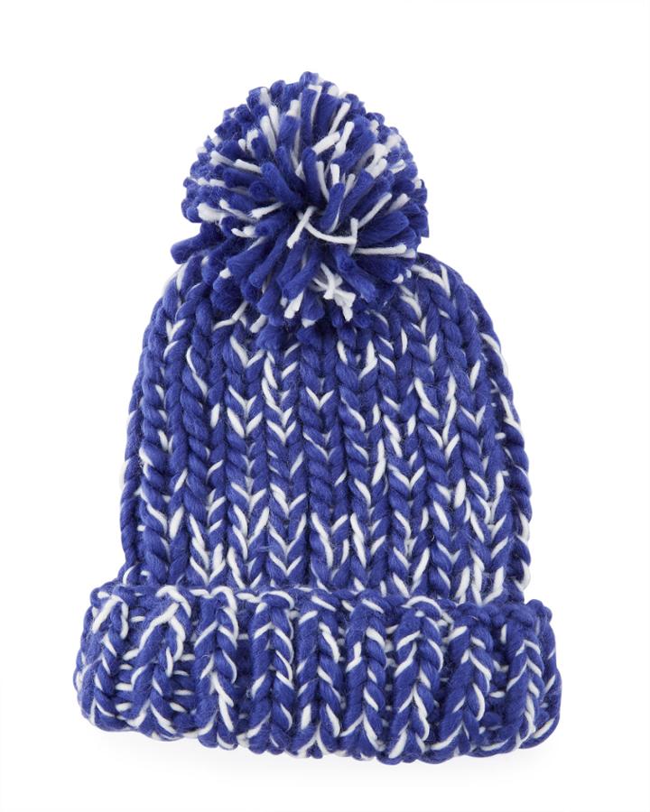 Chunky Marled Knit Beanie W/ Pompom, Blue