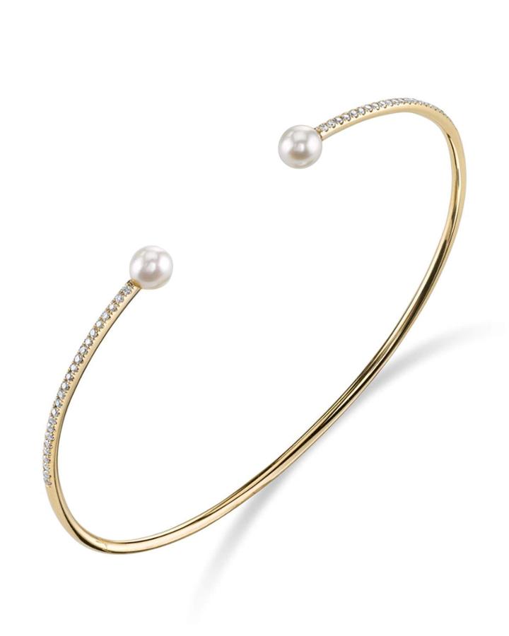 14k Split Pearly Bangle W/ Diamonds
