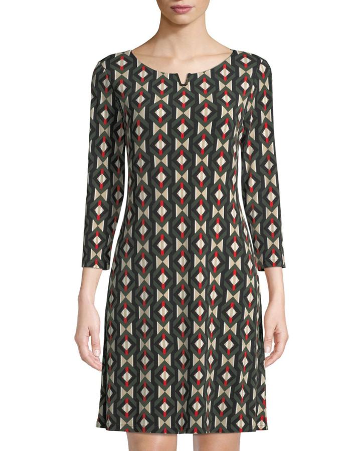 3/4-sleeve Geometric-print Dress