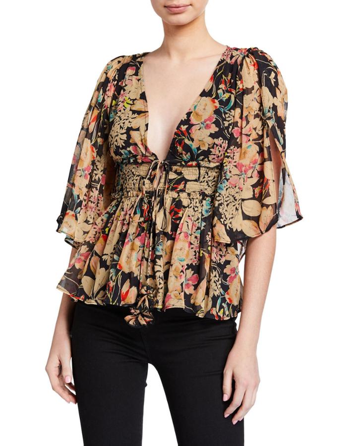 Dark Wonder Floral-print Tie-front Blouse