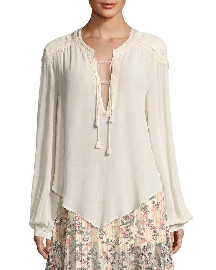 Goldie Split-neck Tassel-tie Long-sleeve Blouse