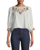 Embroidered Ruffle-sleeve Blouse