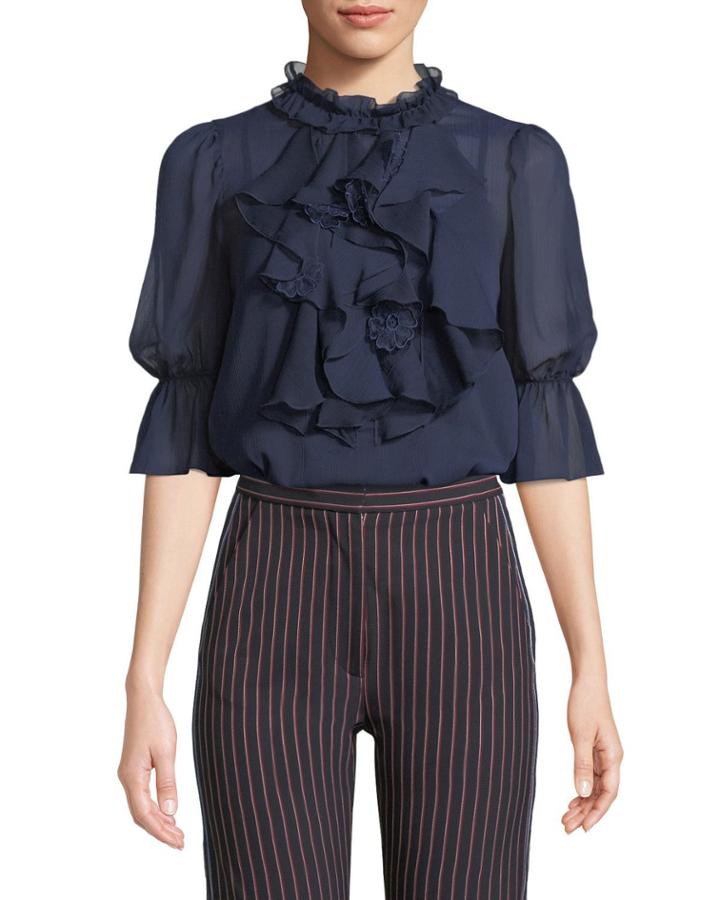 Ruffle-bib Floral Applique Chiffon Blouse