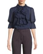 Ruffle-bib Floral Applique Chiffon Blouse