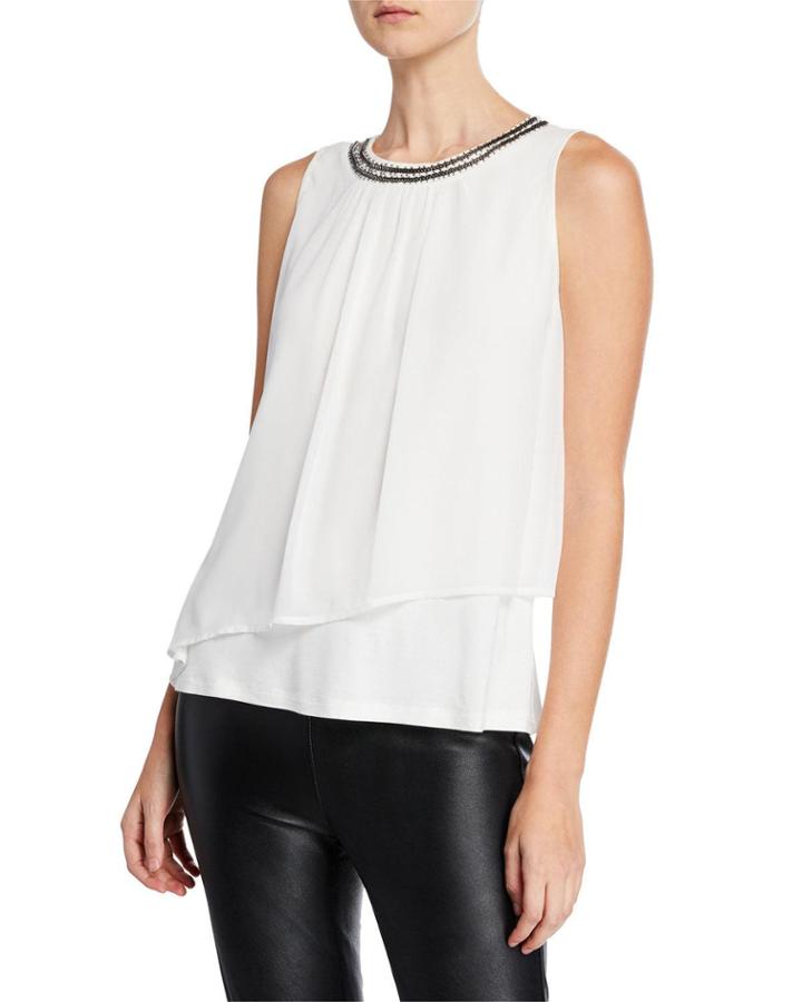 Sleeveless Jewel-neck Chiffon Blouse W/ Asymmetric Overlay