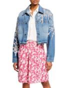 Button-down Cropped Beaded Coral Denim Jacket