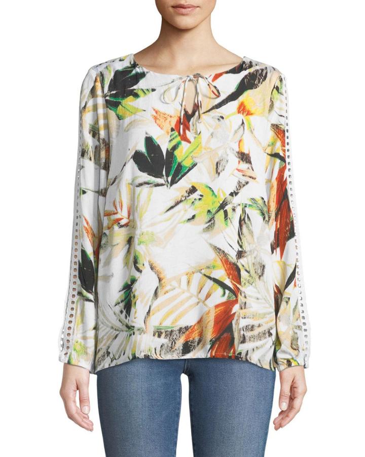 Floral-print Crocheted Split-sleeve Top