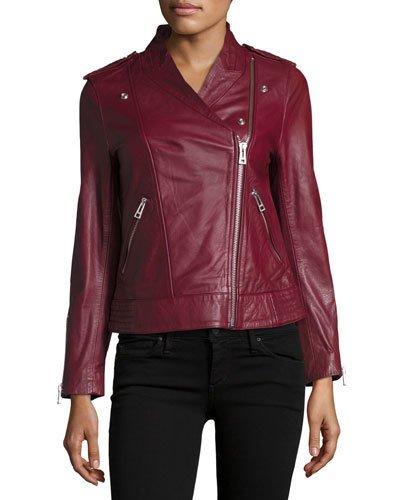 Leather Asymmetric Zip Jacket, Prune