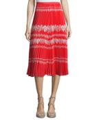 Pleated Flower Spell Midi Skirt, Red/cream