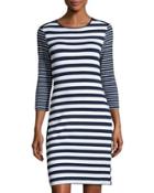 Striped Laced-side 3/4-sleeve Dress, Blue/white