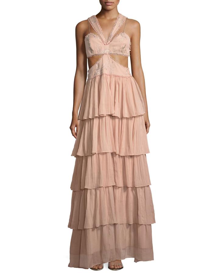 Leda Sleeveless Cutout-waist Tiered Silk Evening Gown