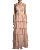 Leda Sleeveless Cutout-waist Tiered Silk Evening Gown