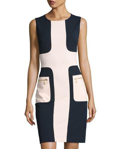 Colorblock Zip-pocket Sheath Dress, Blue/pink