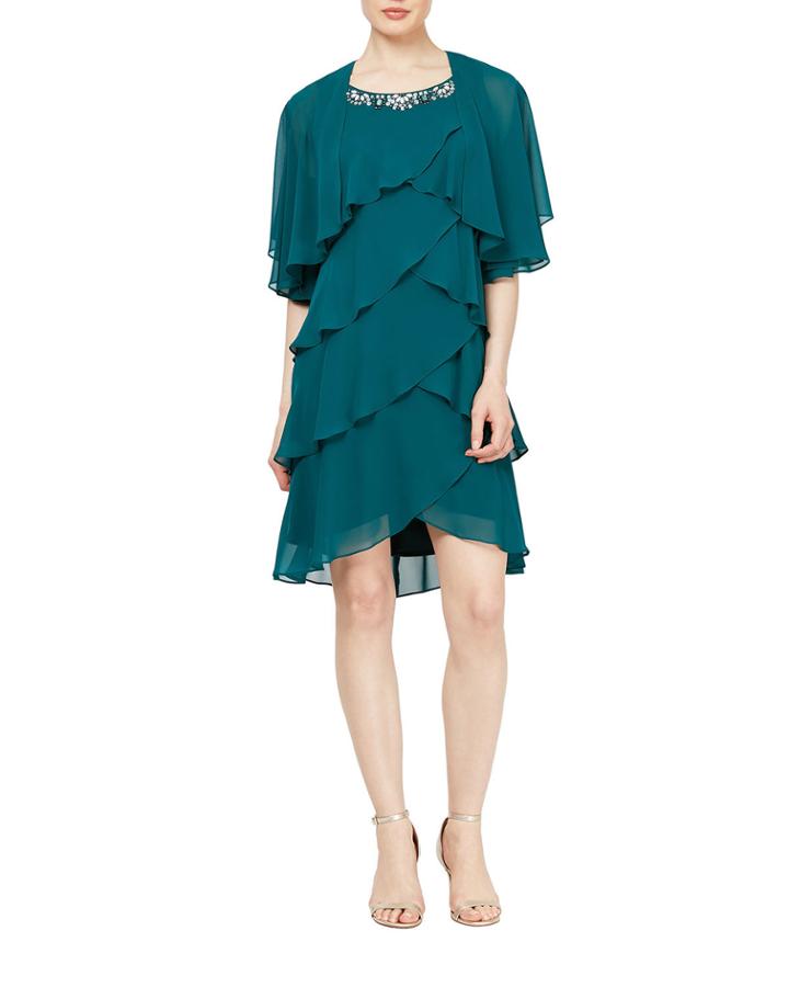 Chiffon Tier Jacket Dress With Beading Neck