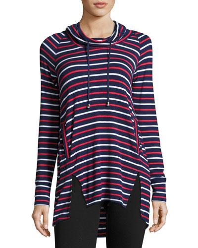 Striped Cowl-neck Long-sleeve Tunic, Blue Pattern