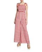 Wide-leg Checkered Smocked Jumpsuit