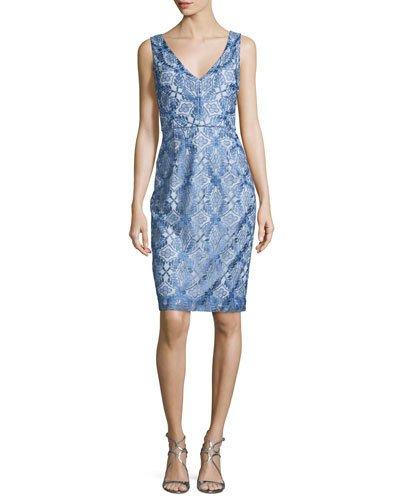 Sleeveless Printed V-neck Cocktail Dress, Blue