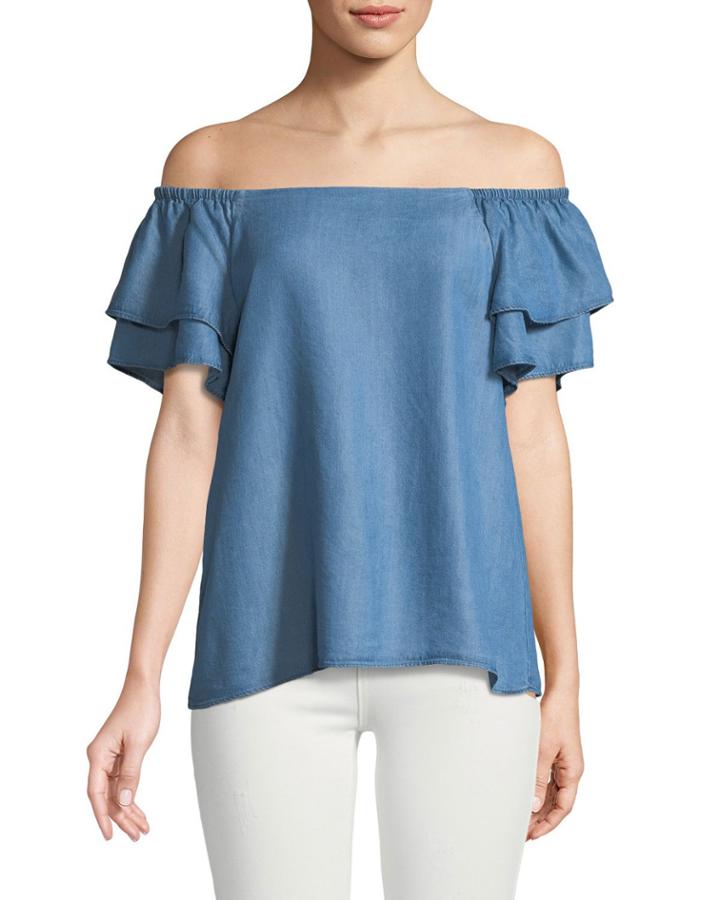 Off-the-shoulder Ruffle-tiered Chambray Blouse